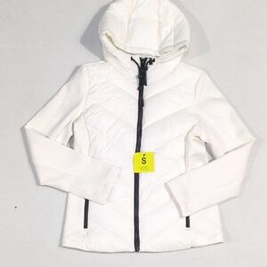 DKNY Women Cream/Off-white Quilted Hooded Puffer Jacket Scuba Sleeves NWT Small